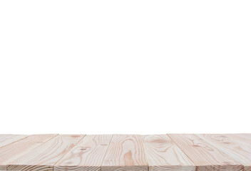 Empty wooden board table top isolated on white background with clipping path and copy space for display or montage your products