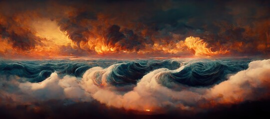 Fototapeta premium Dramatic fiery Armageddon seascape, impossibly turbulent surreal hurricane storm clouds and unreal burning sunset horizon. Gloomy overcast post apocalyptic climate disaster, digital painting.