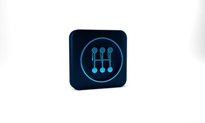 Blue Gear shifter icon isolated on grey background. Manual transmission icon. Blue square button. 3d illustration 3D render