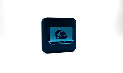 Blue Racing helmet icon isolated on grey background. Extreme sport. Sport equipment. Blue square button. 3d illustration 3D render