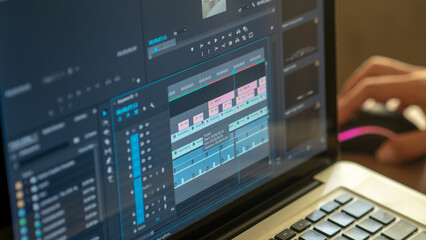 Obraz na płótnie Canvas video editting timeline with hand hold mouse