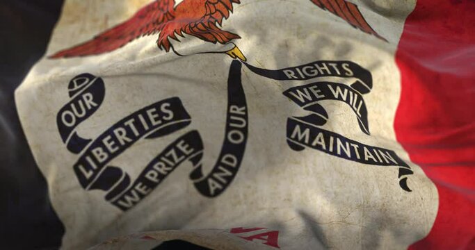 Old flag of american state of Iowa, United States, waving at wind. Loop