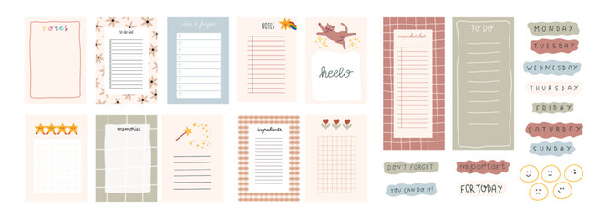 Collection of various paper notes. Blank paper notes for  to-do list,planner, memories, recipes and various stickers . Vector hand drawn illustration. All elements are isolated.