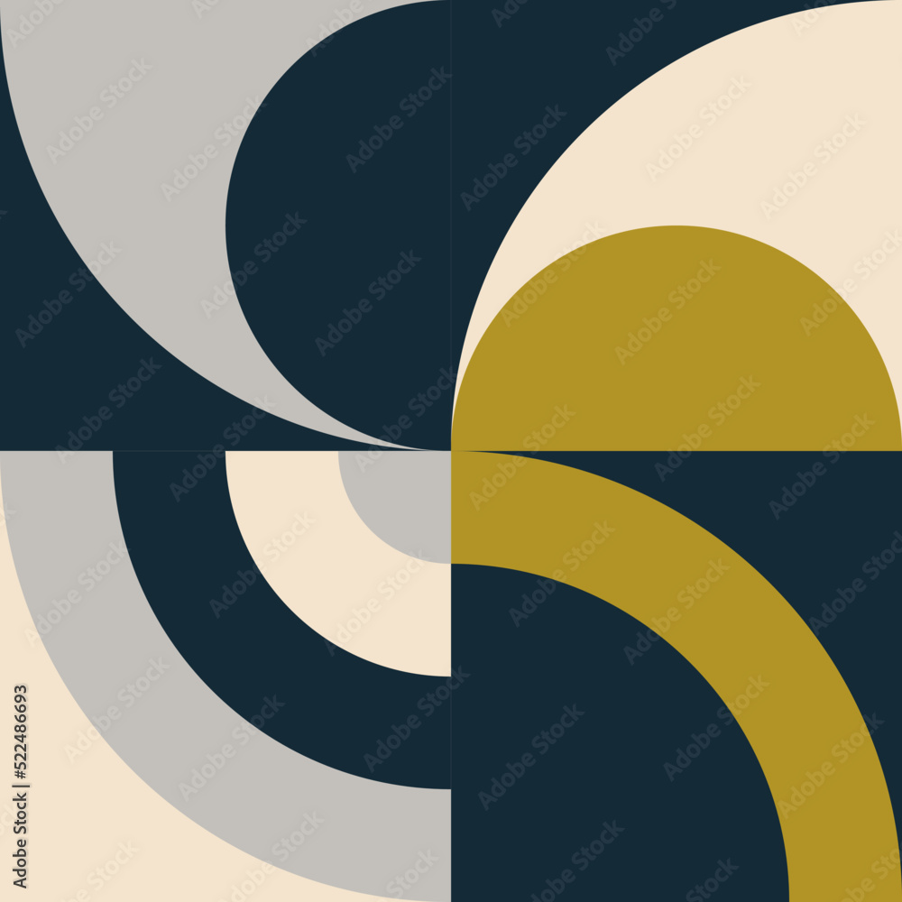 Poster Modern vector abstract  geometric background with circles, rectangles and squares  in retro scandinavian style. Pastel colored simple shapes graphic pattern. Abstract mosaic artwork.