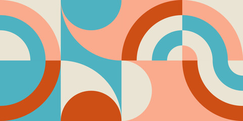 Modern vector abstract  geometric background with circles, rectangles and squares  in retro scandinavian style. Pastel colored simple shapes graphic pattern. Abstract mosaic artwork. - 522486692