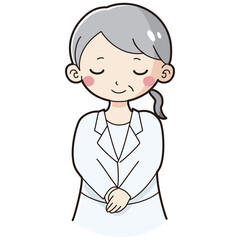 おじぎをする白衣を着たシニア女性のイラスト