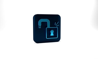 Blue Open padlock icon isolated on grey background. Opened lock sign. Cyber security concept. Digital data protection. Blue square button. 3d illustration 3D render