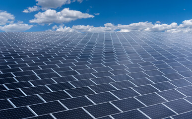 Vast surface of Solar Panels on blue sky with white clouds, Photovoltaic solar cells energy farm...