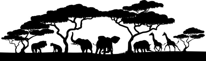 An African safari animal silhouette landscape scene - obrazy, fototapety, plakaty