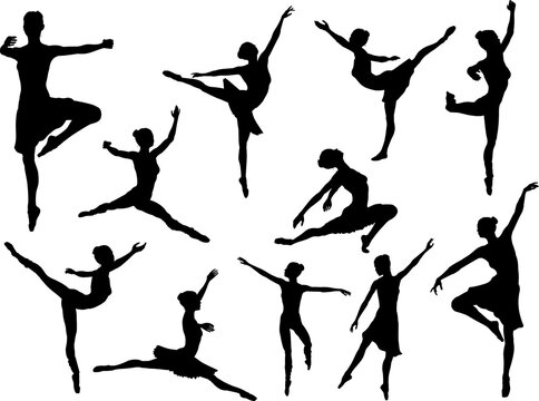 A set of high quality detailed silhouettes of a ballet dancer dancing in various poses and positions