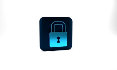 Blue Lock icon isolated on grey background. Padlock sign. Security, safety, protection, privacy concept. Blue square button. 3d illustration 3D render