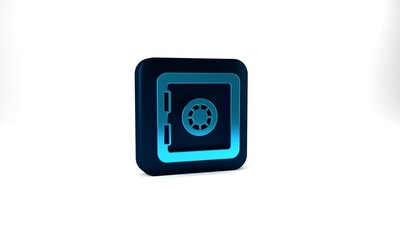 Blue Safe icon isolated on grey background. The door safe a bank vault with a combination lock. Reliable Data Protection. Blue square button. 3d illustration 3D render