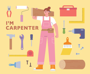 Female carpenter holding wooden planks. She has a bunch of woodworking tools around her. flat design style vector illustration. - obrazy, fototapety, plakaty