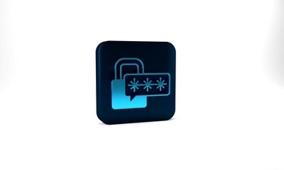 Blue Cyber security icon isolated on grey background. Closed padlock on digital circuit board. Safety concept. Digital data protection. Blue square button. 3d illustration 3D render