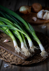 Green onions on a wooden cutting board