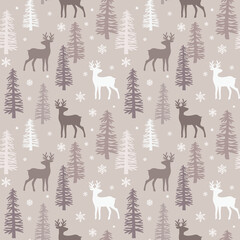 Christmas seamless pattern with forest deer, spruce trees and snowflakes. Vector illustration.