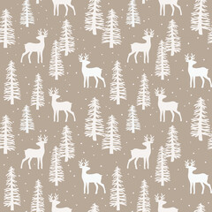 Cotton fabric Christmas seamless pattern with forest deer, spruce trees and snowf. Vector illustration.