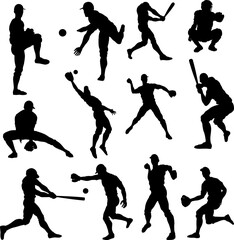 Baseball player detailed silhouettes sports set in lots of different poses