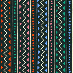 Ethnic Tribal Geometric Folk Indian Scandinavian Gypsy Mexican Boho African Ornament Texture Seamless Pattern Zigzag Dot Line Vertical Stripes Color Print Textiles Background Vector Illustration