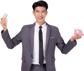 Young asian business man holding home and piggy bank for planning saving future, insurance agent and credit, debt and loan of finance, purchase home and refinance, investment about real property.