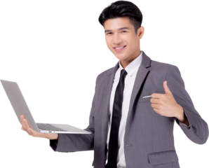 Young asian business man standing work on laptop computer to internet online png transparent file, businessman confident and notebook, freelance with success, marketing and communication.