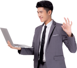 Young asian business man standing work on laptop computer to internet online png transparent file, businessman confident and notebook, freelance with success, marketing and communication.