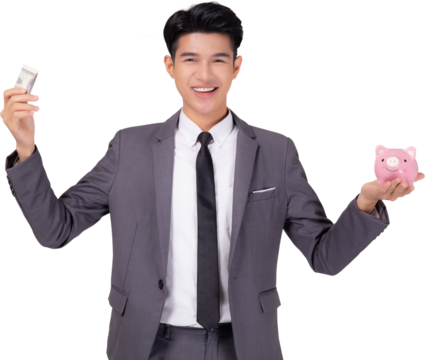 Young asian business man holding home and piggy bank for planning saving future, insurance agent and credit, debt and loan of finance, purchase home and refinance, investment about real property.