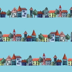 Watercolor seamless hand drawn pattern with colorful houses and cottages and trees
