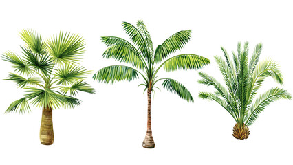 Set Palm trees, tropical plants on isolated white background, clip art Hand drawn Nature Watercolor illustration