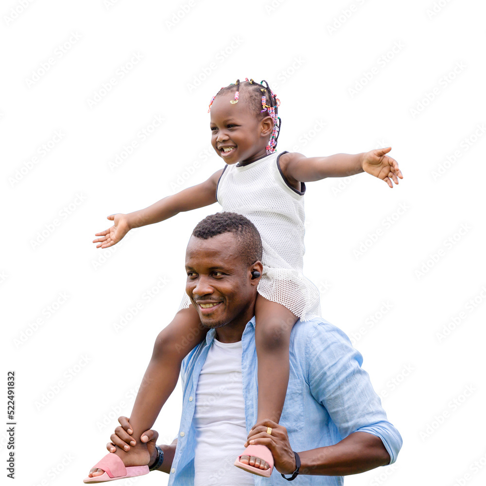 Wall mural Father carrying daughter on shoulders, Cheerful african american girl on the shoulders of his dad