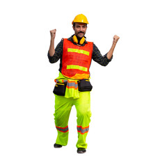 Portrait of worker man in a uniform, foreman in hardhat, job and occupation concepts