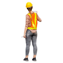 Portrait of female worker in a uniform, foreman in hardhat, job and occupation concepts