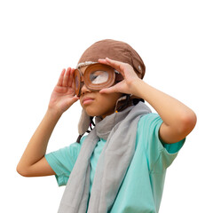Asian child girl in the old style pilot uniform stands with holding goggles and looking forward,...