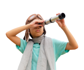 Asian child girl looking in spyglass, Happy kid playing outdoors