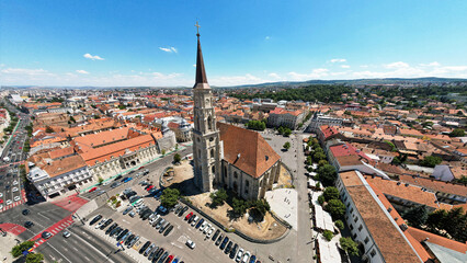 Aerial drone wide view of Saint Michael Church in Cluj, Romania