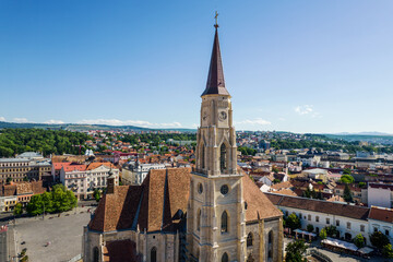 Fototapeta na wymiar Aerial drone view of Saint Michael Church in Cluj, Romania