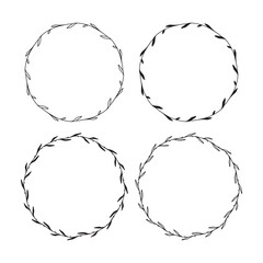 Set of 4 hand drawn spring wreaths isolated on white background, vector. Floral frames of leaves. Doodle style.Collection of floral monogram frames.