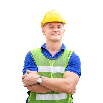 Portrait Of Engineer Man In A Uniform With Arm Crossed, Foreman Worker In Hardhat, Job And Occupation Concepts