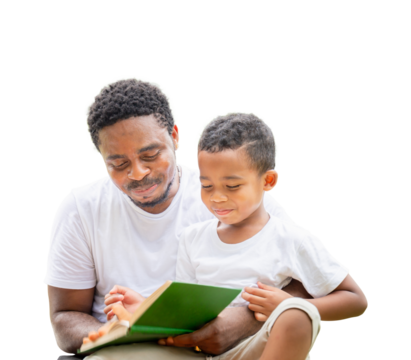 Father's day, father and son reading a book