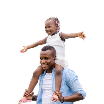 Father Carrying Daughter On Shoulders, Cheerful African American Girl On The Shoulders Of His Dad