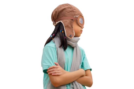 Portrait of Asian child girl in the old style pilot uniform stands with arms crossed, Happy kid playing outdoors - Powered by Adobe