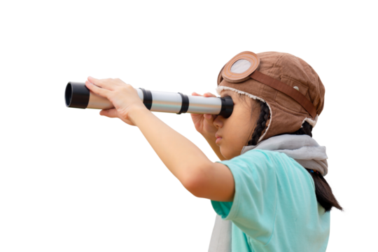 Portrait of Asian child girl looking in spyglass, Happy kid playing outdoors - Powered by Adobe