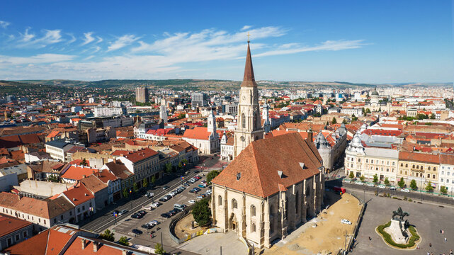 Aerial drone view of Saint Michael Church in Cluj, Romania