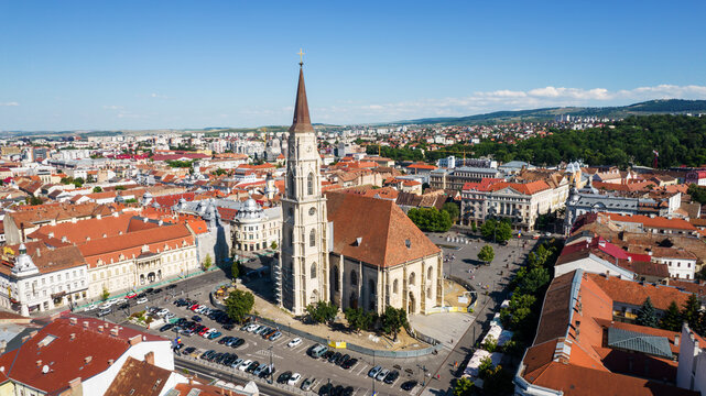 Aerial Drone View Of Saint Michael Church In Cluj, Romania