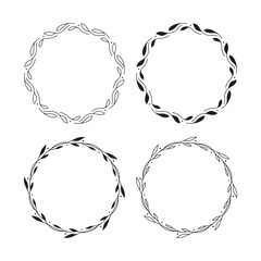 Set of 4 hand drawn spring wreaths isolated on white background, vector. Floral frames of leaves. Doodle style.Collection of floral monogram frames. - obrazy, fototapety, plakaty