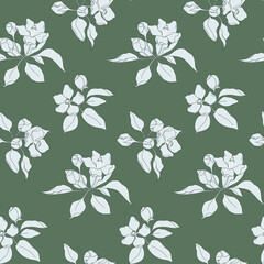 Seamless floral pattern, elegant botanical background with outline flowers, blossom, lush foliage. Simple floral print design with hand drawn plants, flowers, leaves. Vector illustration.
