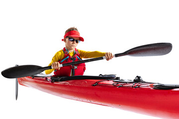 Beginner kayaker in red canoe, kayak with a life vest and a paddle isolated on white background....