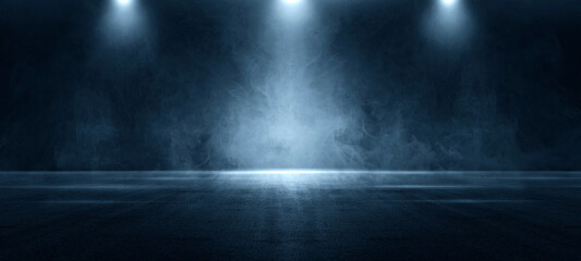 A dark empty street, dark blue background, an empty dark scene, neon light, spotlights The asphalt floor and studio room with smoke float up the interior texture. night view