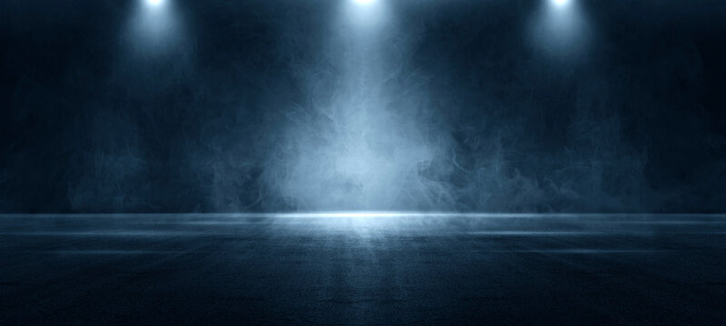A dark empty street, dark blue background, an empty dark scene, neon light, spotlights The asphalt floor and studio room with smoke float up the interior texture. night view