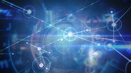 Animation of network of connections over data processing on black background